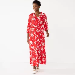 Women's Croft & Barrow® Three Quarter Sleeve Ruffle Hem Maxi Dress