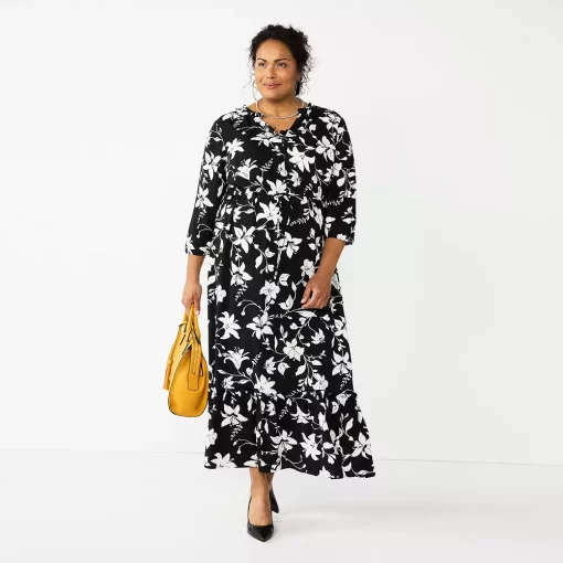 Plus Size Croft & Barrow® Ruffle Hem Maxi Dress -Outlet Croft & Barrow Store 5812986 Black Floral