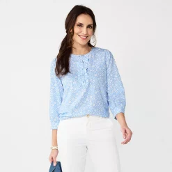 Women's Croft & Barrow® Ruffle Placket Henley Top -Outlet Croft & Barrow Store 5830874 Blue Ditsy Garden