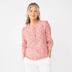 Women's Croft & Barrow® Ruffle Placket Henley Top -Outlet Croft & Barrow Store 5830874 Coral Ditsy Garden