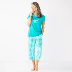 Women's Croft & Barrow® Short Sleeve Pajama Top & Capri Pajama Pants Sleep Set -Outlet Croft & Barrow Store 5839151 Aqua Gingham