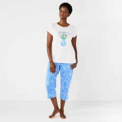Women's Croft & Barrow® Short Sleeve Pajama Top & Capri Pajama Pants Sleep Set -Outlet Croft & Barrow Store 5839151 Blue Floral