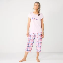 Women's Croft & Barrow® Short Sleeve Pajama Top & Capri Pajama Pants Sleep Set -Outlet Croft & Barrow Store 5839151 Pink Multi Check