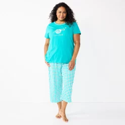 Plus Size Croft & Barrow® Short Sleeve Pajama Top & Capri Pajama Pants Sleep Set -Outlet Croft & Barrow Store 5839152 Aqua Gingham