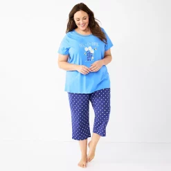 Plus Size Croft & Barrow® Short Sleeve Pajama Top & Capri Pajama Pants Sleep Set -Outlet Croft & Barrow Store 5839152 Blue Daisy