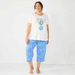 Plus Size Croft & Barrow® Short Sleeve Pajama Top & Capri Pajama Pants Sleep Set -Outlet Croft & Barrow Store 5839152 Blue Floral