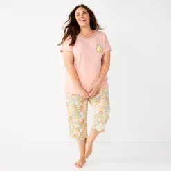 Plus Size Croft & Barrow® Short Sleeve Pajama Top & Capri Pajama Pants Sleep Set -Outlet Croft & Barrow Store 5839152 Peach Citrus