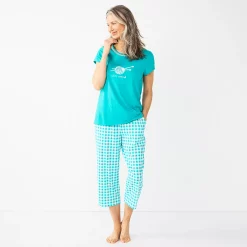 Petite Croft & Barrow® Short Sleeve Pajama Top & Capri Pajama Pants Sleep Set -Outlet Croft & Barrow Store 5839153 Aqua Gingham