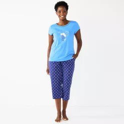 Petite Croft & Barrow® Short Sleeve Pajama Top & Capri Pajama Pants Sleep Set -Outlet Croft & Barrow Store 5839153 Blue Daisy