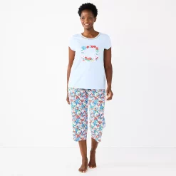 Petite Croft & Barrow® Short Sleeve Pajama Top & Capri Pajama Pants Sleep Set -Outlet Croft & Barrow Store 5839153 Blue Multi Floral