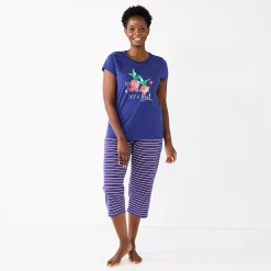 Petite Croft & Barrow® Short Sleeve Pajama Top & Capri Pajama Pants Sleep Set -Outlet Croft & Barrow Store 5839153 Navy Stripe