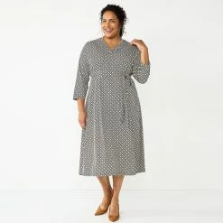 Plus Size Croft & Barrow® V-Neck Midi Dress -Outlet Croft & Barrow Store 5840511 Black Geo Print