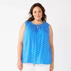 Plus Size Croft & Barrow® Smocked Sleeveless Tank -Outlet Croft & Barrow Store 5846853 Blue Geo