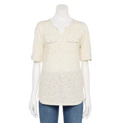 Women's Croft & Barrow® Roll-Tab Utility Henley Top -Outlet Croft & Barrow Store 6196732 White Gray Coral